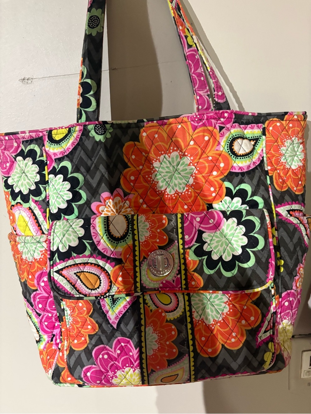Vera Bradley Quilted Floral Tote in Black, Orange & Pink